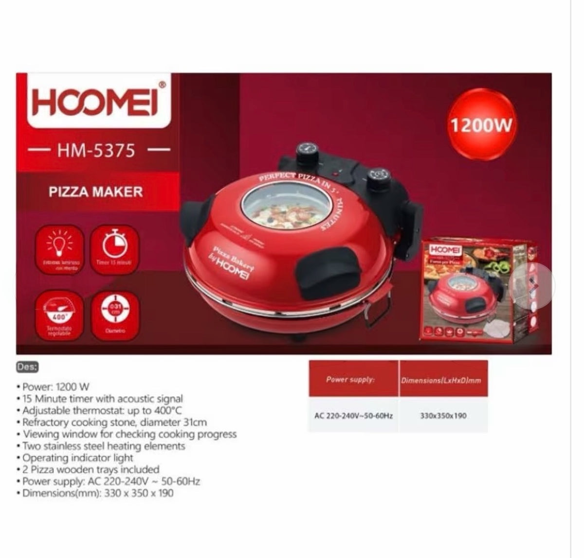 Forno per Pizza Napoletana elettrico 1200 W